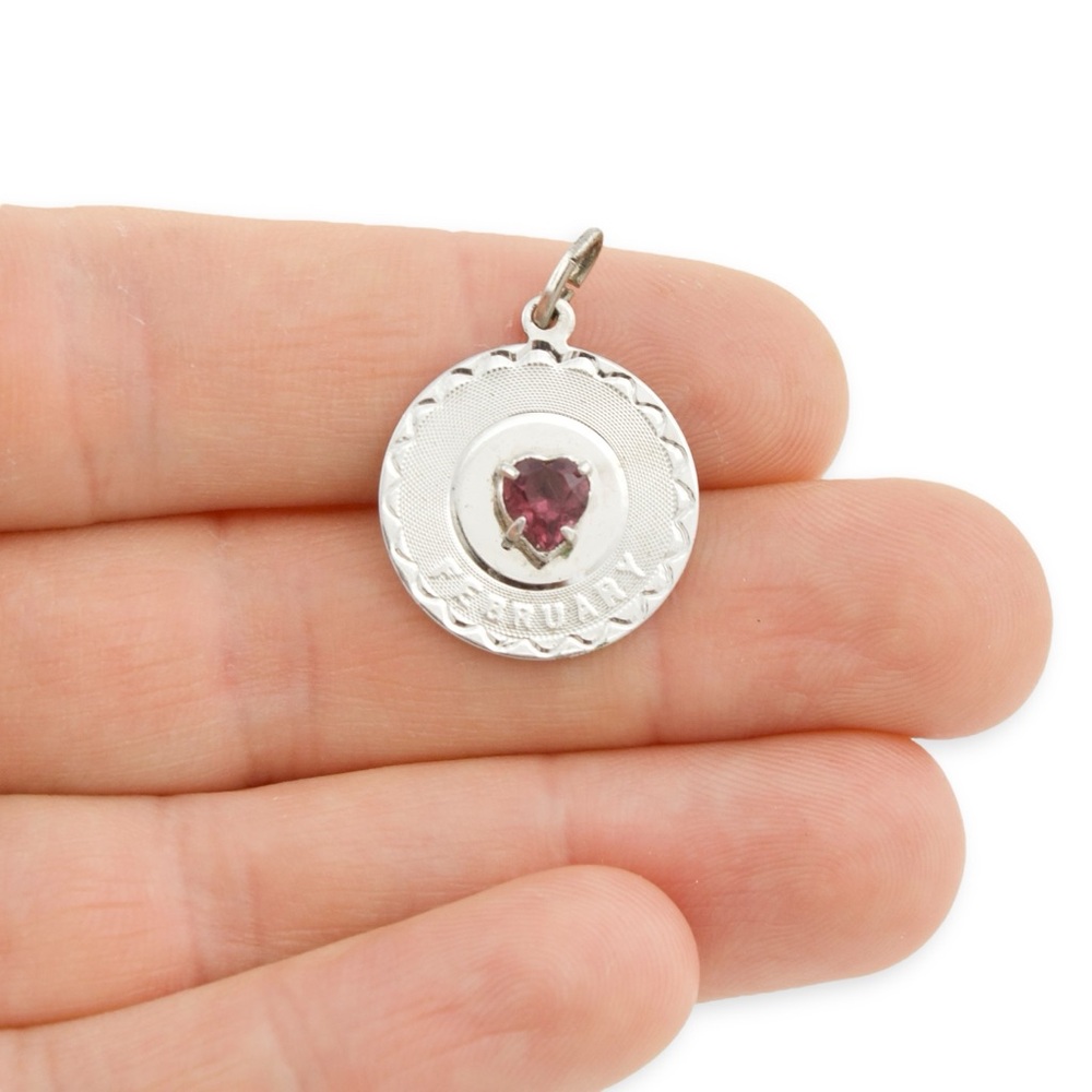 Vintage Sterling Silver February Charm / Pendant Purple Rhinestone Heart